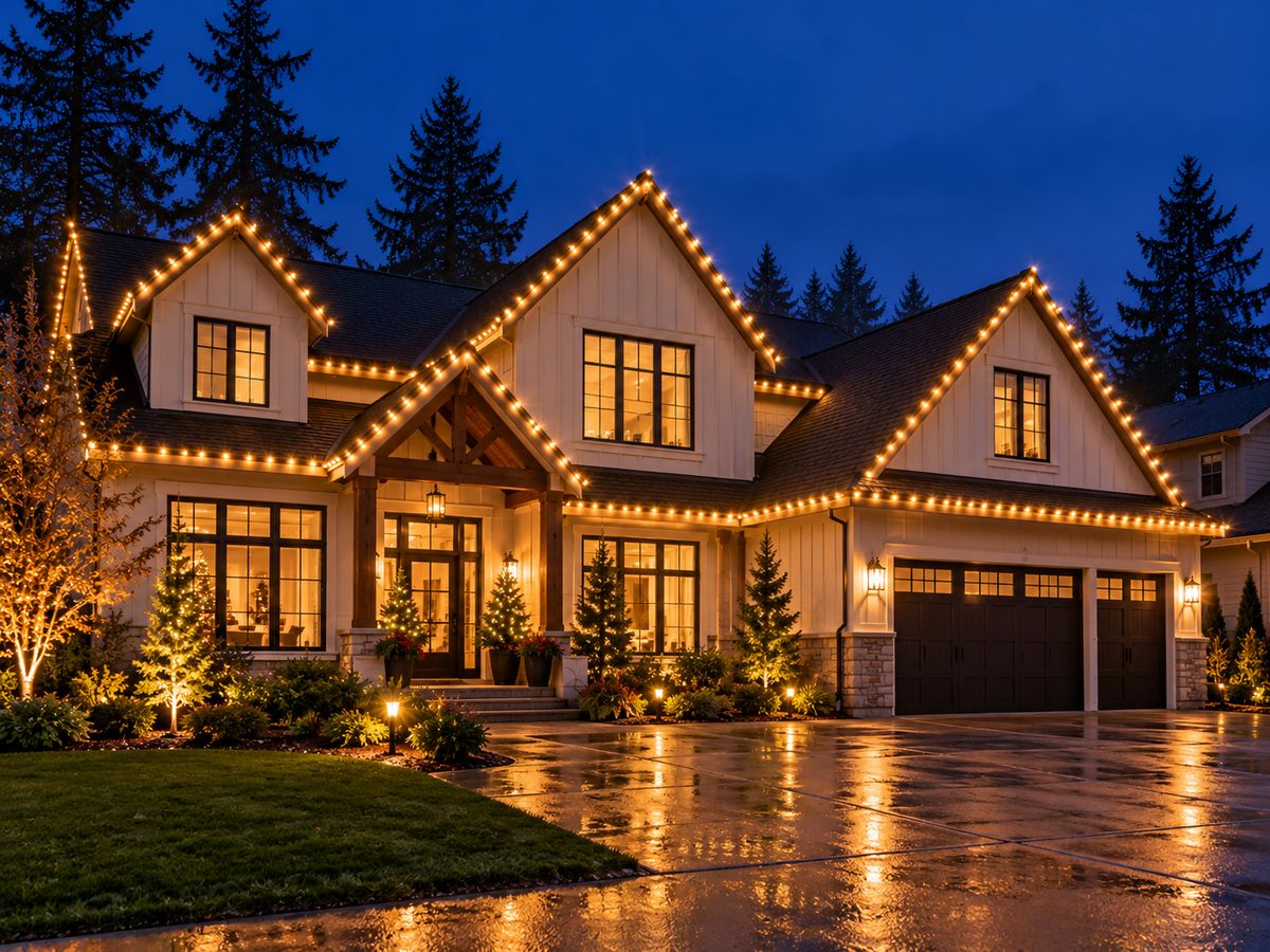 Farmhouse with every roof peak outlined in warm white lights