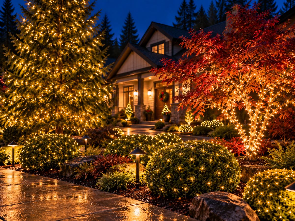 Evergreen, maple and shrubs wrapped in warm white lights