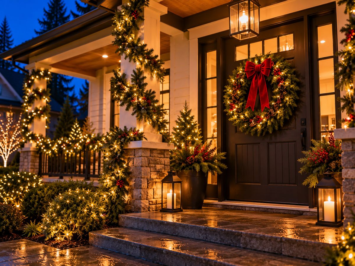 Front porch with a lit wreath and garland on the columns